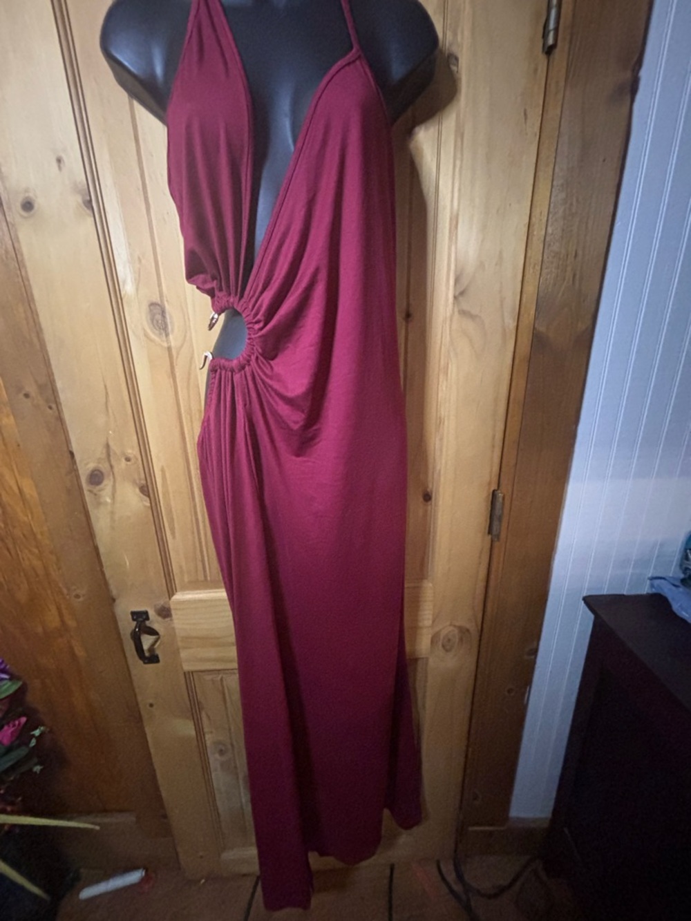 Source Unknown Burgundy Halter Backless Maxi Dress with Side Ring